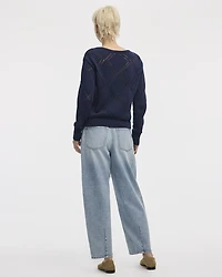 Long-Sleeve Boat-Neck Pullover with Open-Stitch Pattern