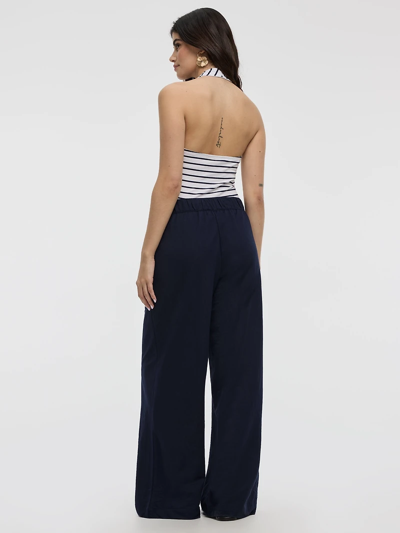 Wide-Leg High-Rise Pull-On Piqué Pant