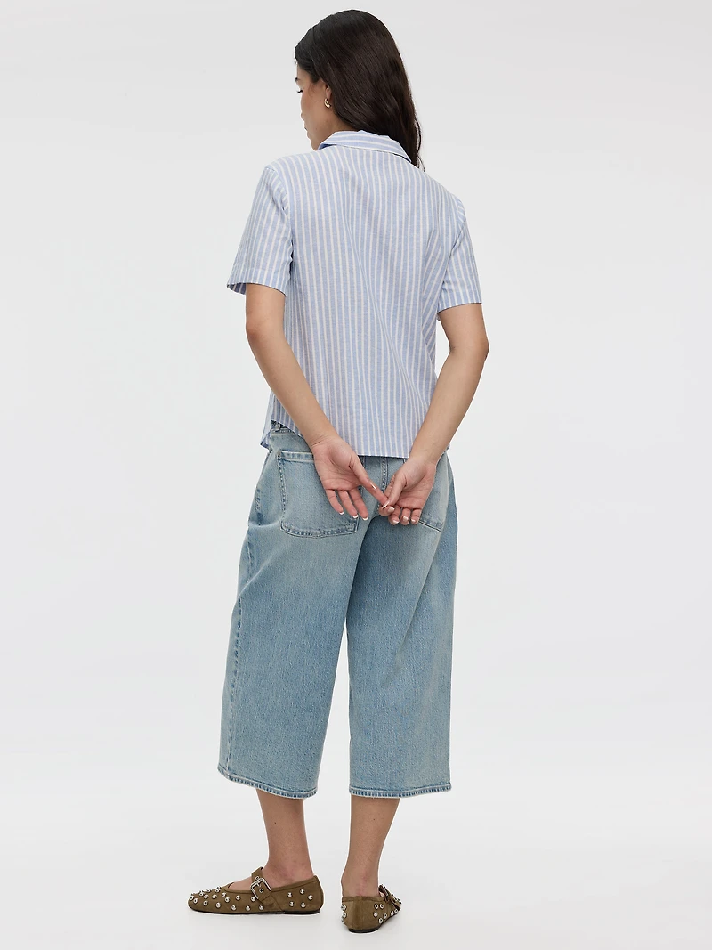 Striped Short-Sleeve Shirt with Pyjama Collar