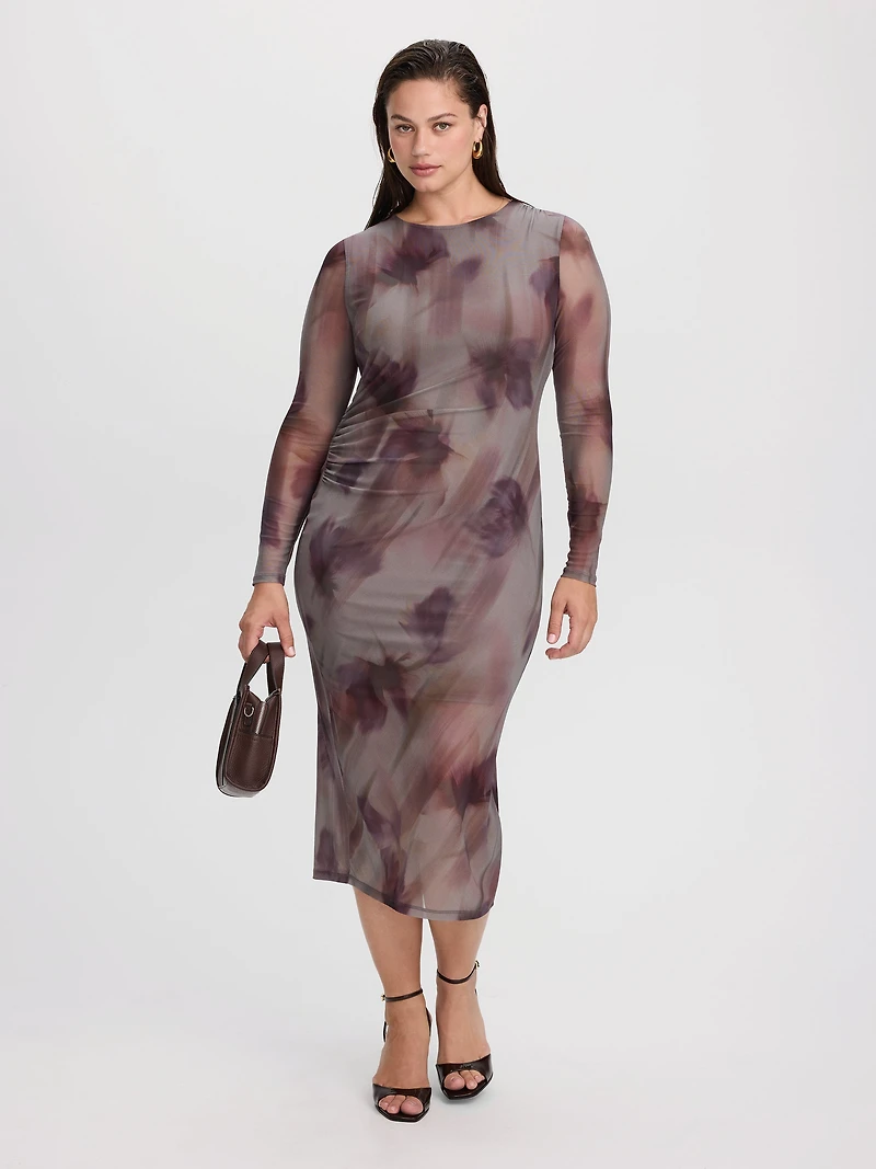 Long-Sleeve Mesh Midi Dress with Side Shirrings
