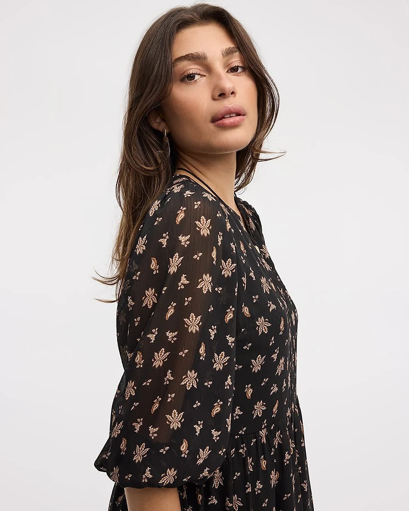 Bracelet-Sleeve Split-Neck Fit-and-Flare Dress