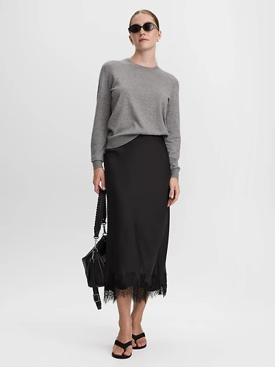 Satin Midi Skirt with Lace Trim