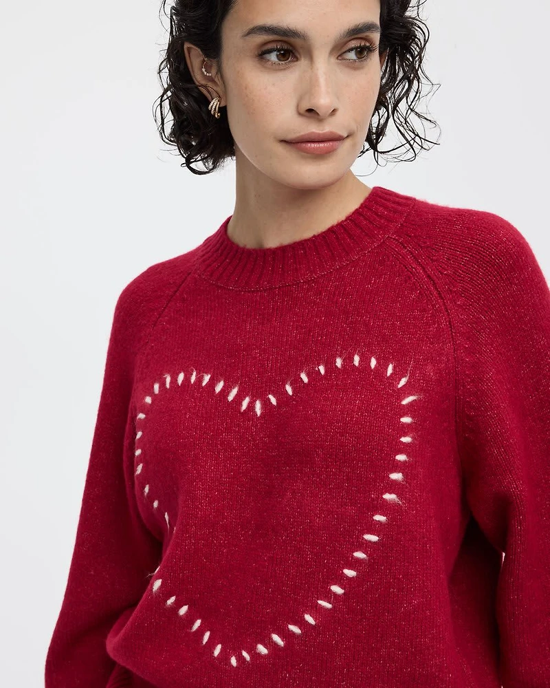 Long-Sleeve Crew-Neck Pullover with Heart Embroidery