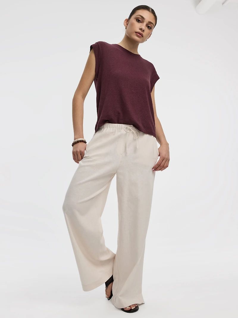 T-shirt en mélange de lin à manches très courtes et col rond