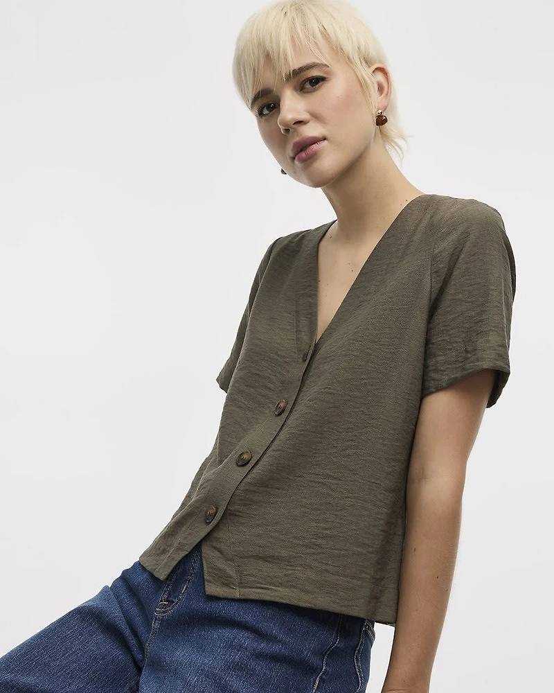 Short-Sleeve V-Neck Buttoned-Down Blouse