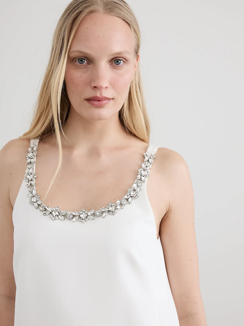 Sleeveless Scoop-Neck Mini Shift Dress with Rhinestones