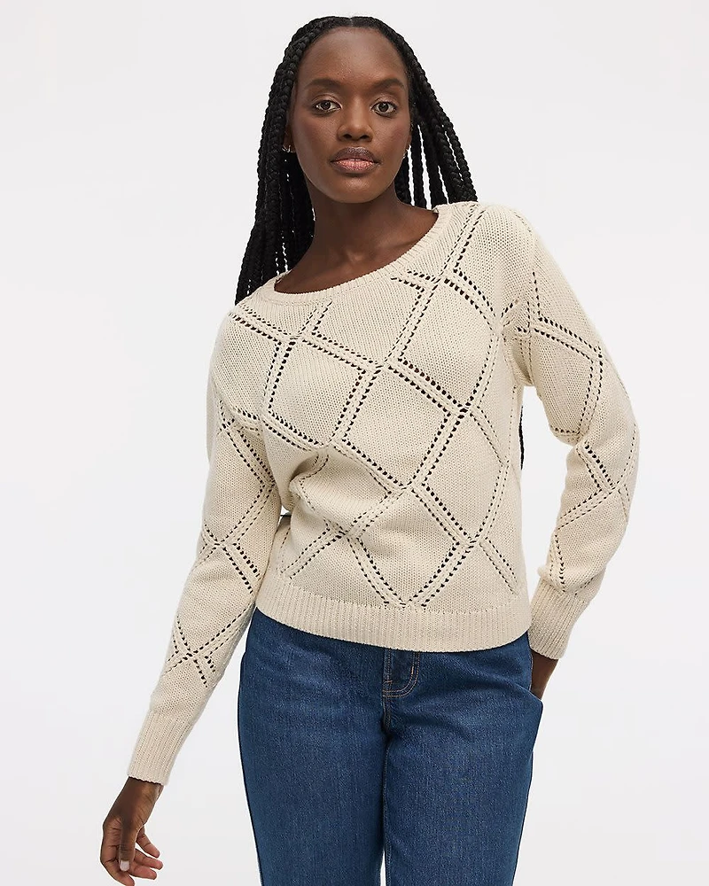 Long-Sleeve Boat-Neck Pullover with Open-Stitch Pattern