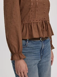 Long-Sleeve V-Neck Blouse with Lace Trims