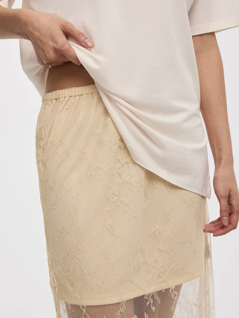 Midi Mesh Skirt with Lace Trim