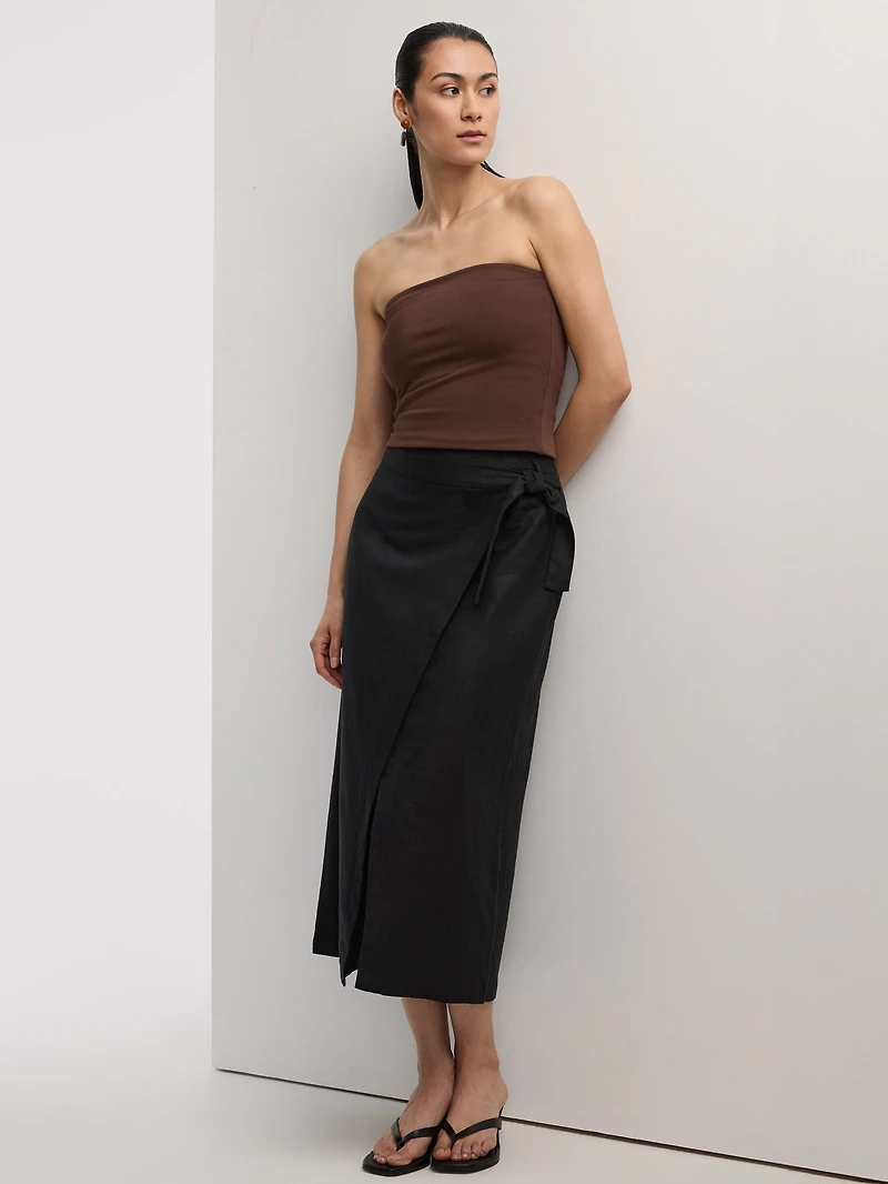 Linen-Blend Wrap Maxi Skirt