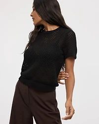 Short-Sleeve Crew-Neck Open-Stitch Pullover