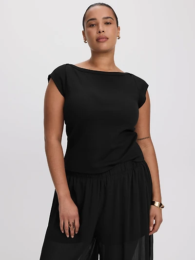Extended-Sleeve Boat-Neck Ribbed Top