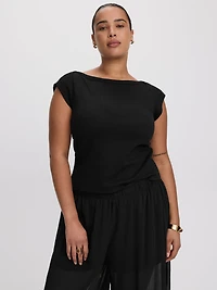Extended-Sleeve Boat-Neck Ribbed Top