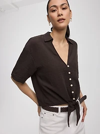Blouse à manches courtes et col V avec rubans nouer