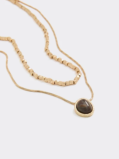 Double-Chain Short Necklace with Tiger-Eye Pendant