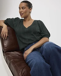 Puffy-Elbow-Sleeve V-Neck Sweater