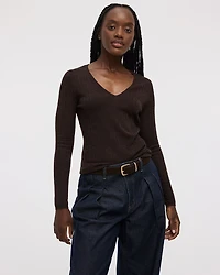 Long-Sleeve V-Neck Pullover with Wide Ribs