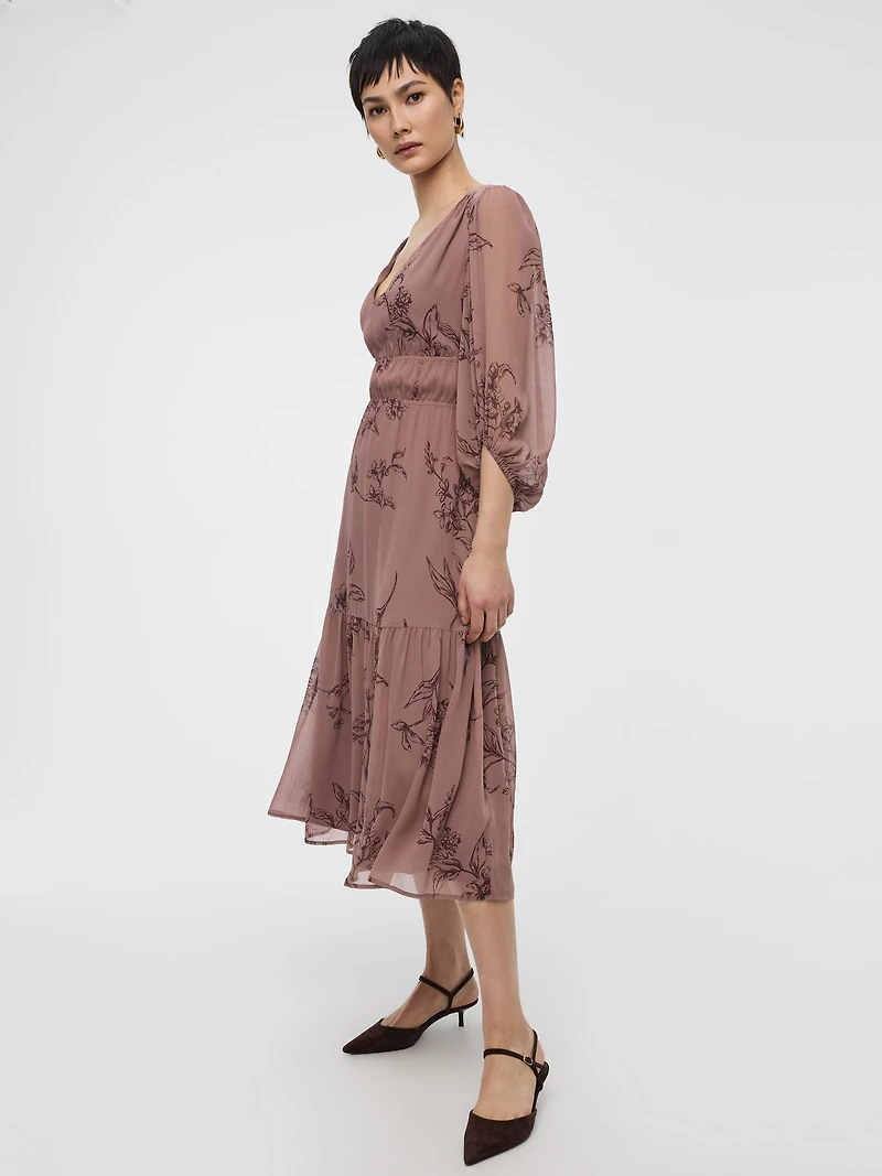 V-Neck Empire Midi Dress with Sheer Sleeves