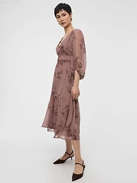 V-Neck Empire Midi Dress with Sheer Sleeves