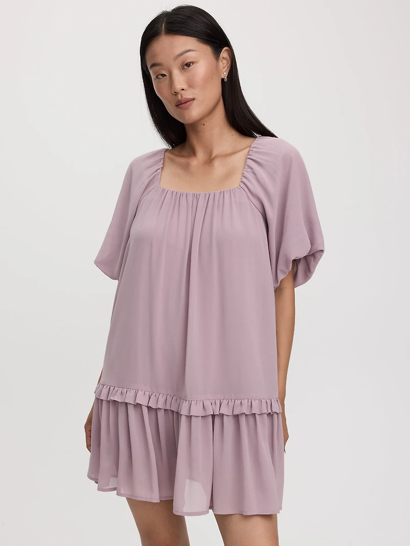 Square-Neck Mini Dress with Bubble Sleeves