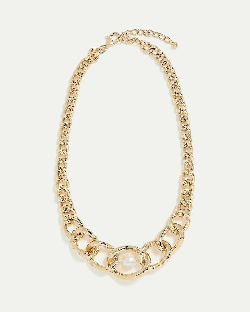 Short Curb-Chain Necklace with Pearl