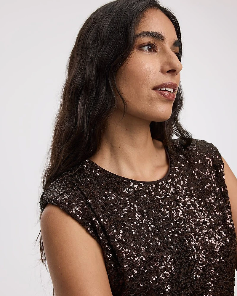 Extended-Sleeve Crew-Neck Sequins Top