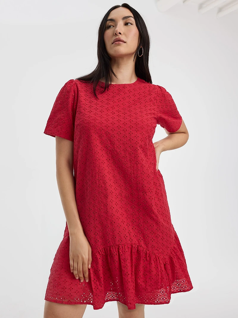 Short-Sleeve Crew-Neck Eyelet Dress
