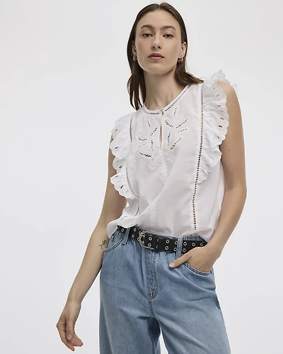 Extended-Sleeve Crew-Neck Blouse with Emboideries