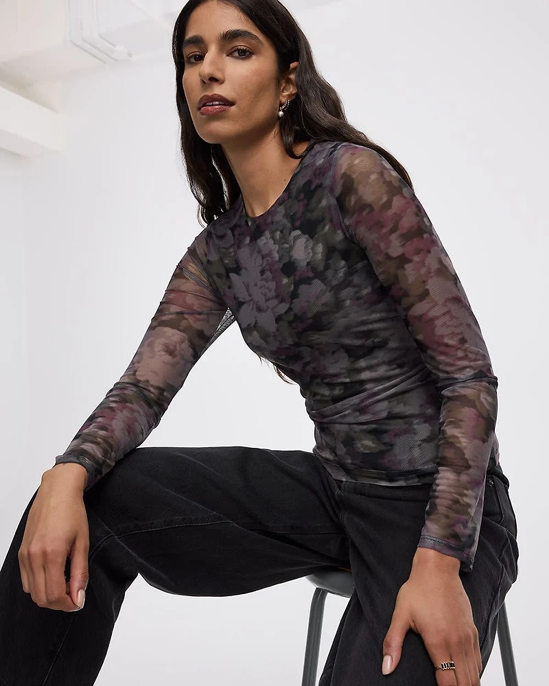 Long-Sleeve Crew-Neck Mesh Top