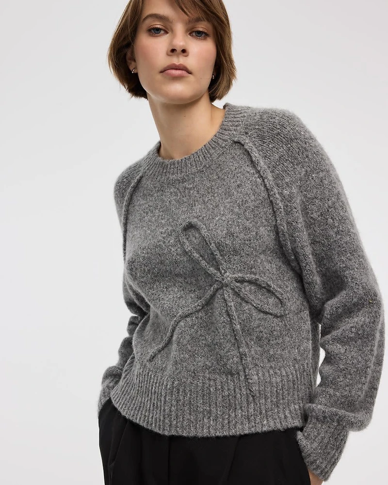 Long-Sleeve Crew-Neck Pullover with Soutache Bow