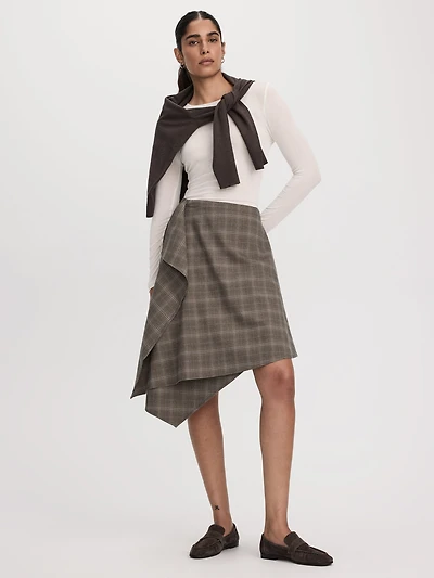 Plaid Midi Skirt with Asymmetrical Hem
