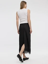 Satin A-Line Midi Skirt with Lace Trim