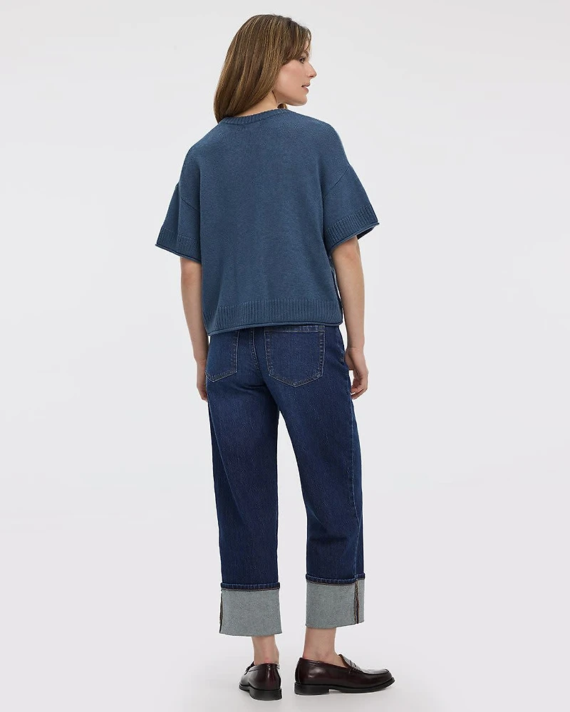 Cashmere-Blend Short-Sleeve Crew-Neck Loose Sweater