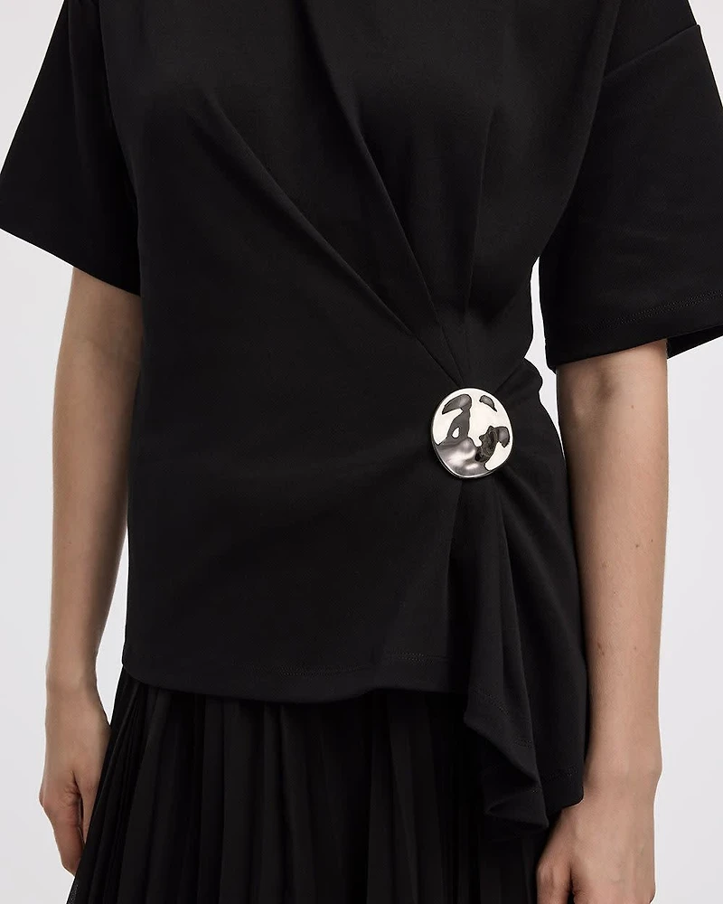 Short-Sleeve Crew-Neck Top with Cinched Waist