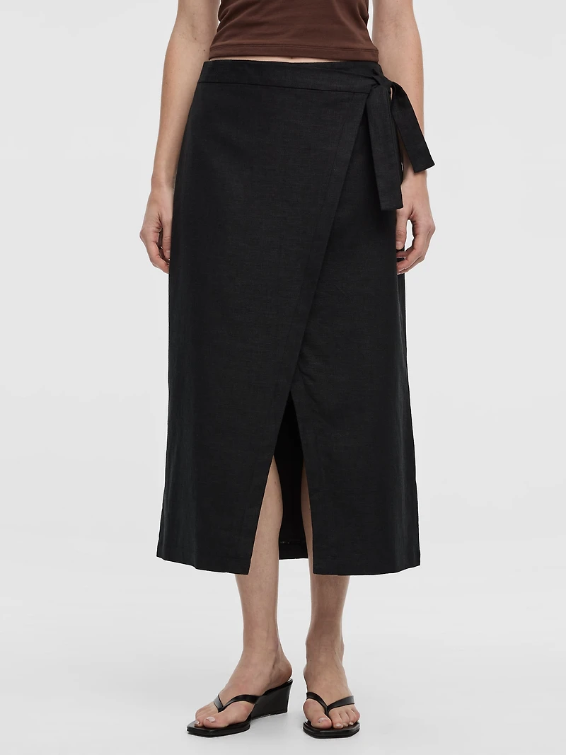 Jupe portefeuille maxi en mélange de lin