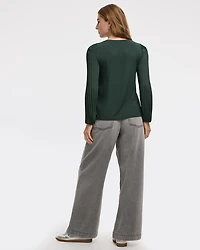 Pleated-Long-Sleeve Boat-Neck Mix-Media Top
