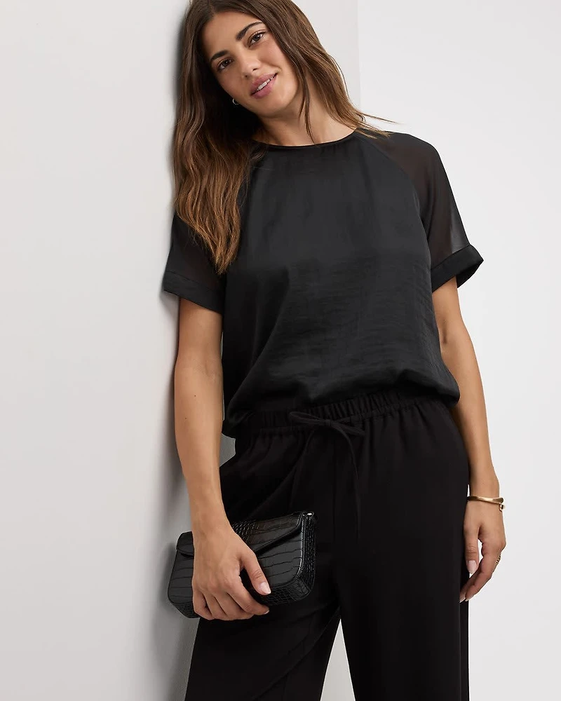 Short-Sleeve Crew-Neck Mix-Media Blouse