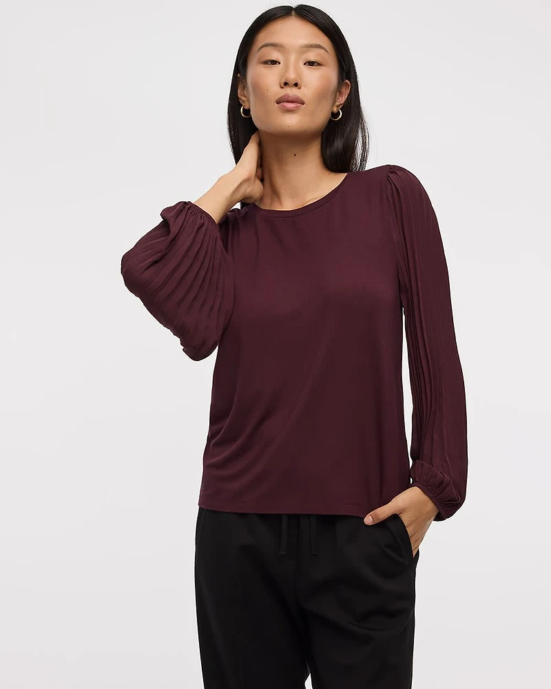 Pleated-Long-Sleeve Boat-Neck Mix-Media Top