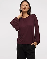 Pleated-Long-Sleeve Boat-Neck Mix-Media Top