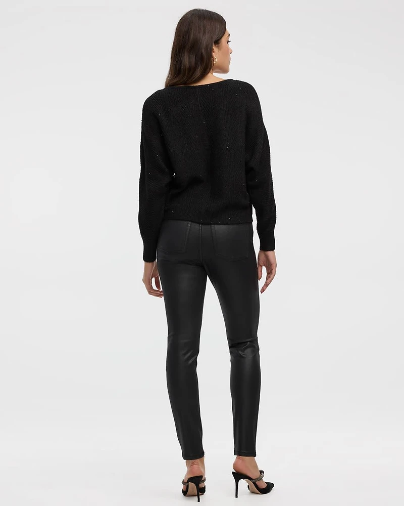 Long-Sleeve Boat-Neck Boxy Sweater with All-Over Sequins