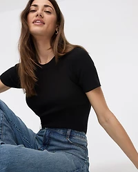 Short-Sleeve Crew-Neck Ribbed Sweater