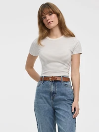 T-shirt côtelé rayé à col rond