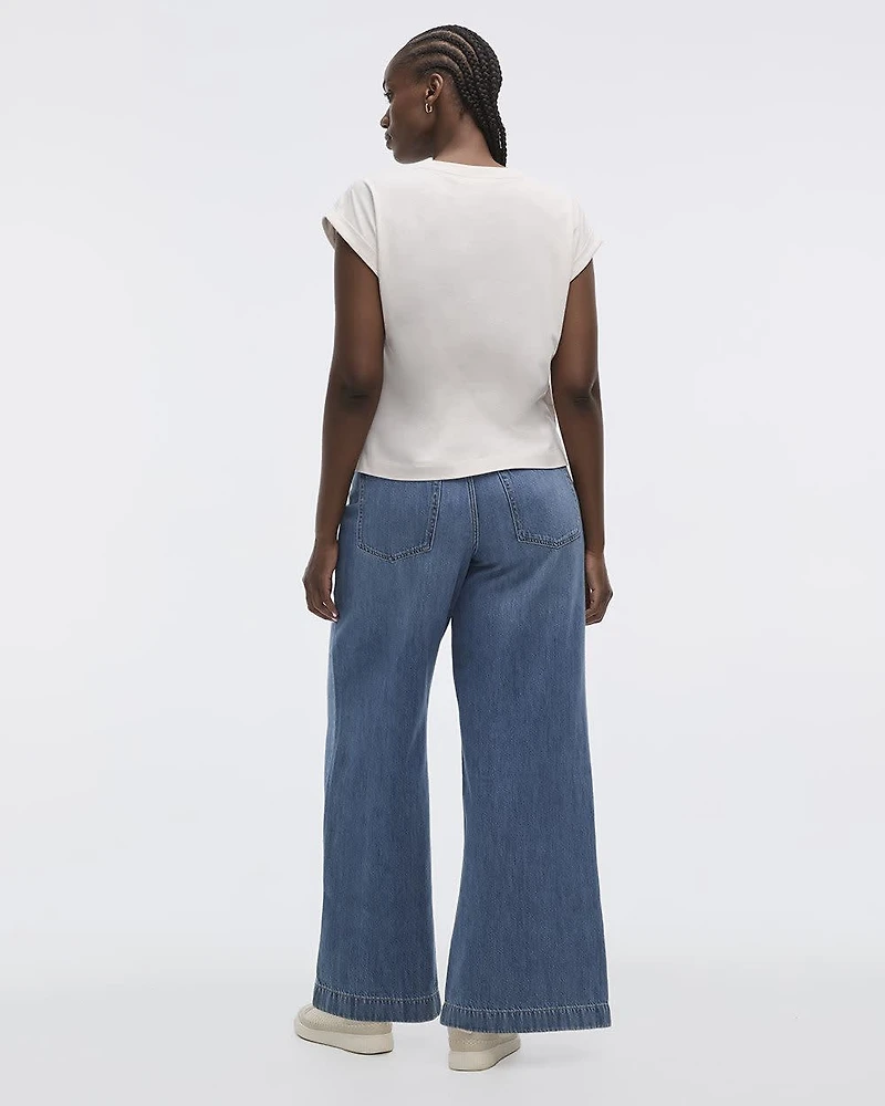 Extended-Sleeve Crew-Neck Tee with Crochet Details