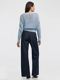 Pull à manches longues et col rond en mailles ajourées