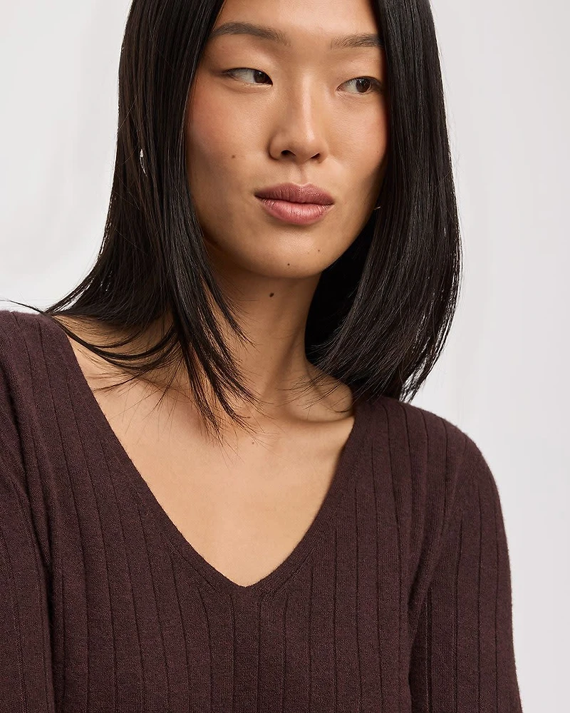 Long-Sleeve V-Neck Pullover with Wide Ribs