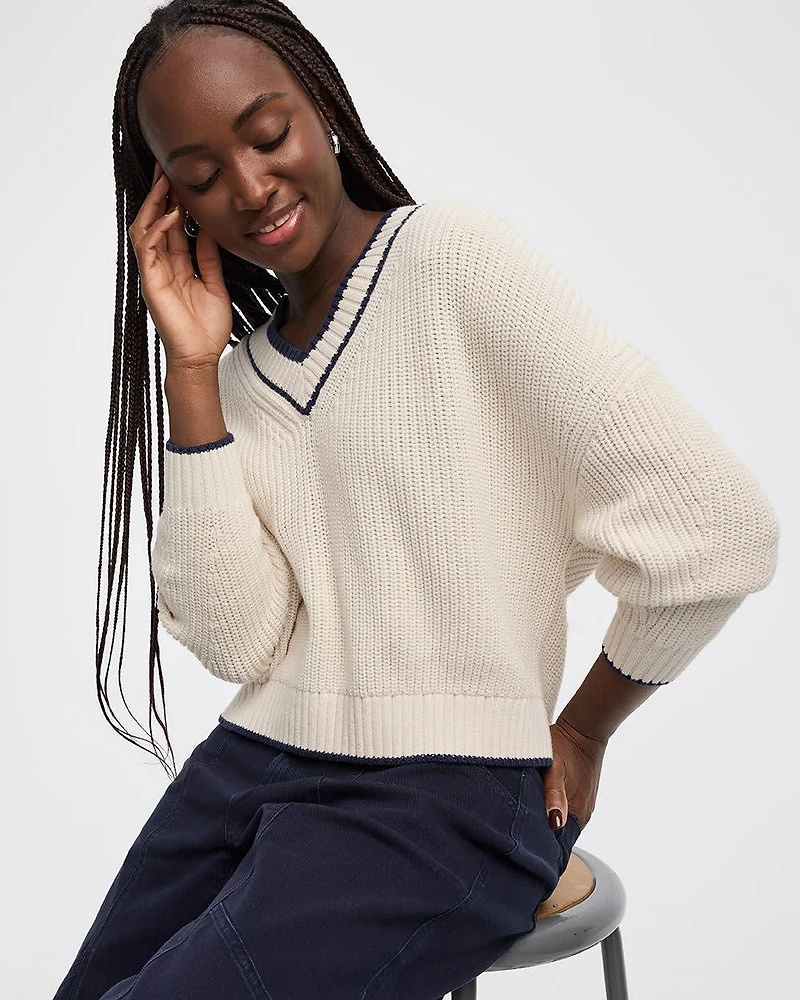 Long-Sleeve V-Neck Loose Sweater