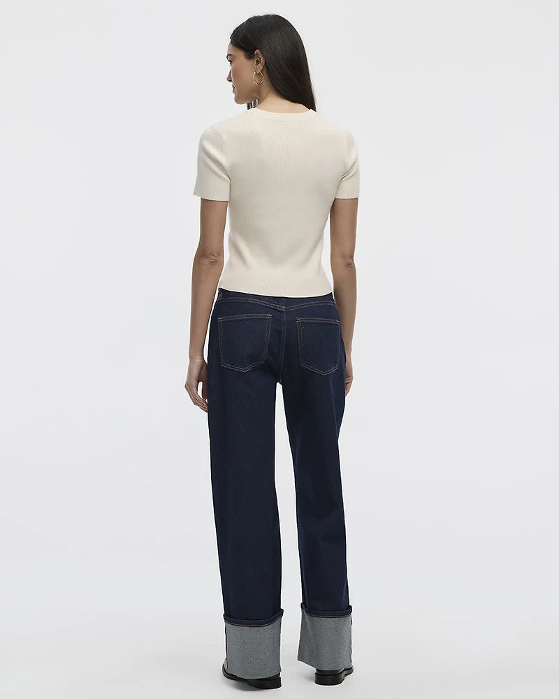 Short-Sleeve Crew-Neck Ribbed Sweater