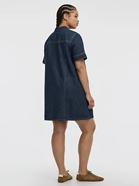 Elbow-Sleeve Shirt-Collar Mini Dress