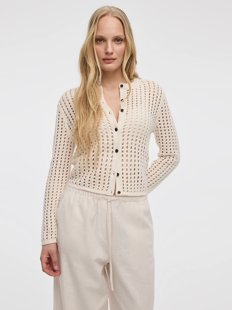 Cardigan à manches longues et col rond en mailles ajourées