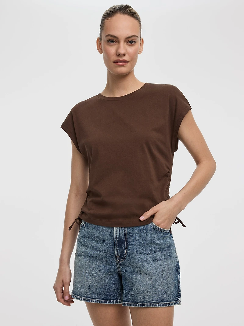 Extended-Sleeve Shirred Tee with Drawstrings